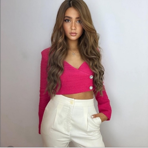 Zara * Cropped Blazer Top Pink Tweed Textured Size XS S M L - Picture 3 of 12